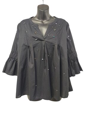 a.n.a Black Rhinestone Embellished 100% Cotton Bell Sleeve Top  Blouses L NWOT